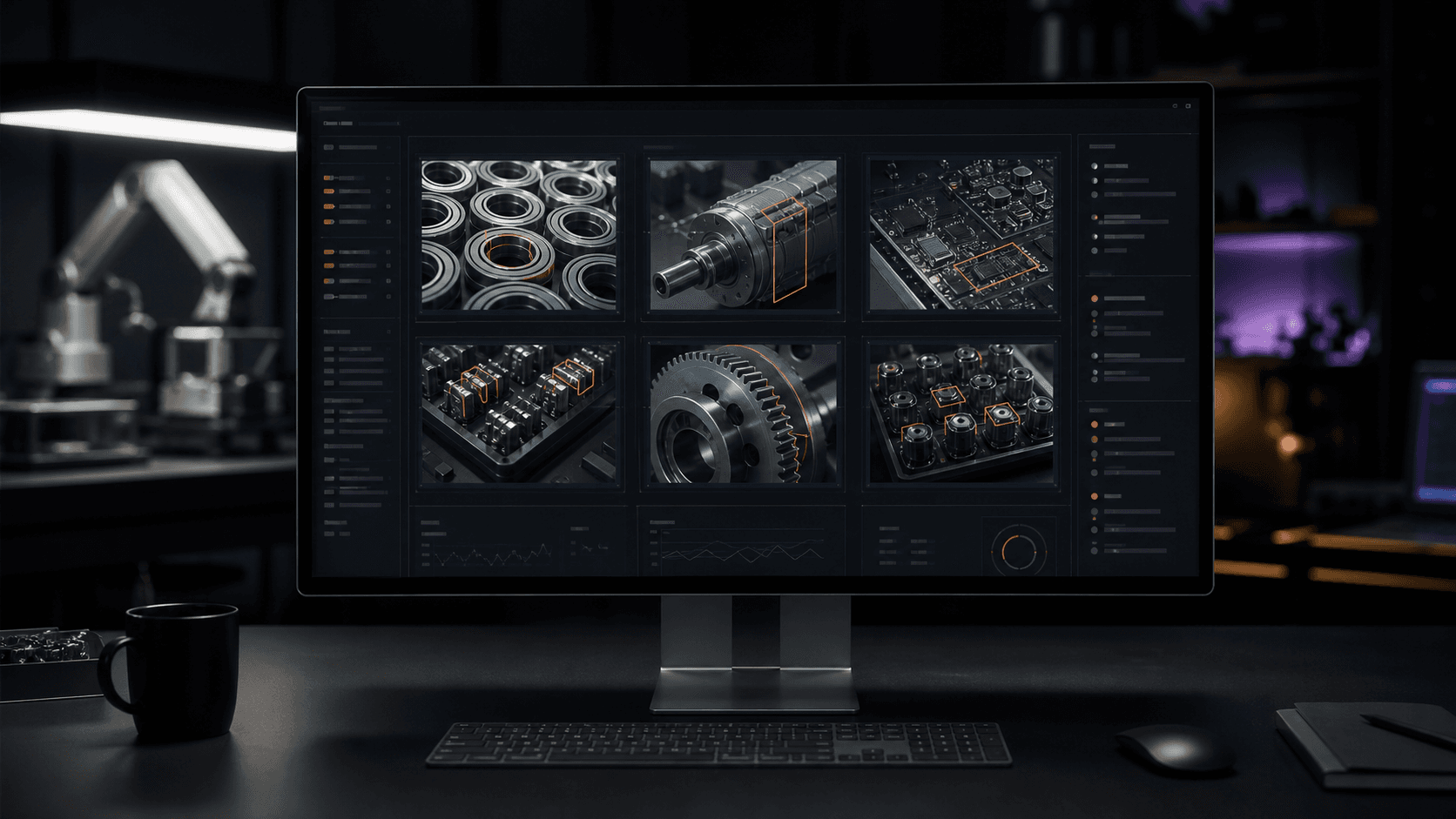 AI computer vision inspection dashboard displayed on a dark workstation monitor